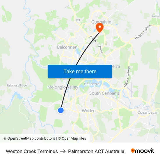 Weston Creek Terminus to Palmerston ACT Australia map