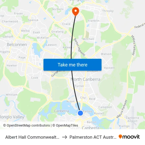 Albert Hall Commonwealth Av to Palmerston ACT Australia map