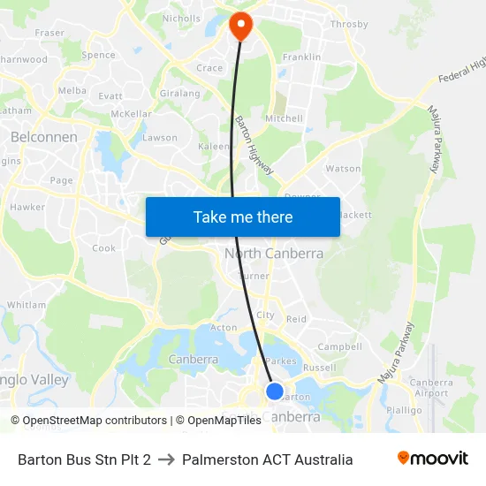 Barton Bus Stn Plt 2 to Palmerston ACT Australia map