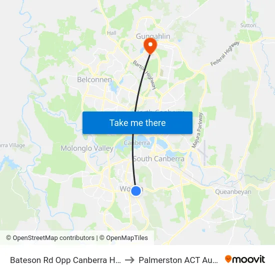 Bateson Rd Opp Canberra Hospital to Palmerston ACT Australia map