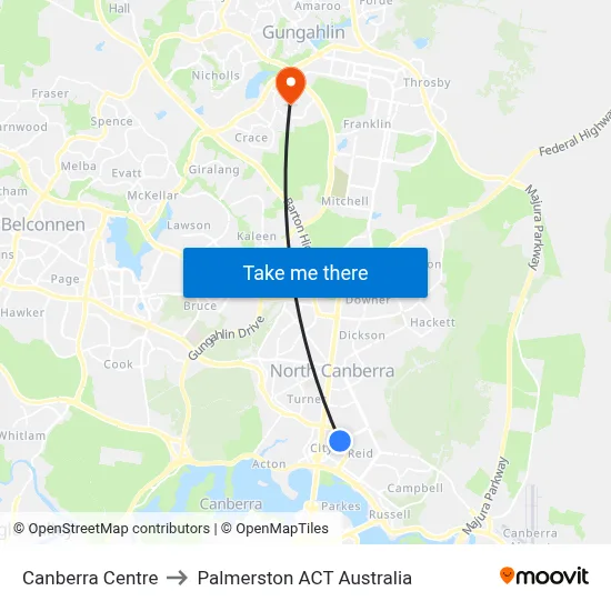 Canberra Centre to Palmerston ACT Australia map