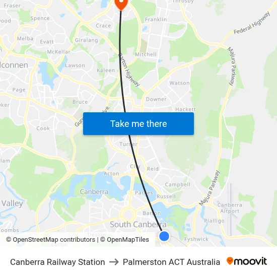 Canberra Railway Station to Palmerston ACT Australia map