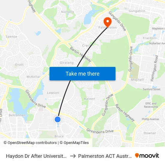Haydon Dr After University Dr to Palmerston ACT Australia map