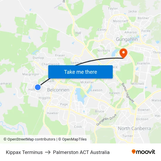 Kippax Terminus to Palmerston ACT Australia map