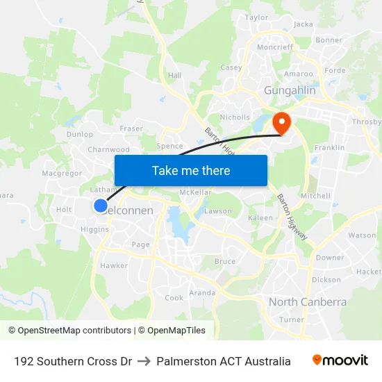 192 Southern Cross Dr to Palmerston ACT Australia map