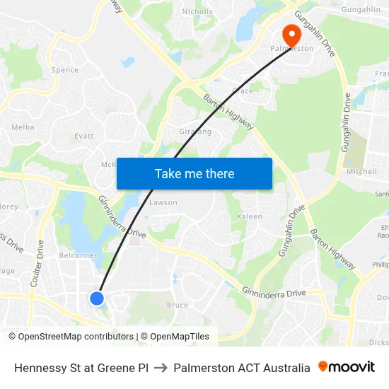 Hennessy St at Greene Pl to Palmerston ACT Australia map