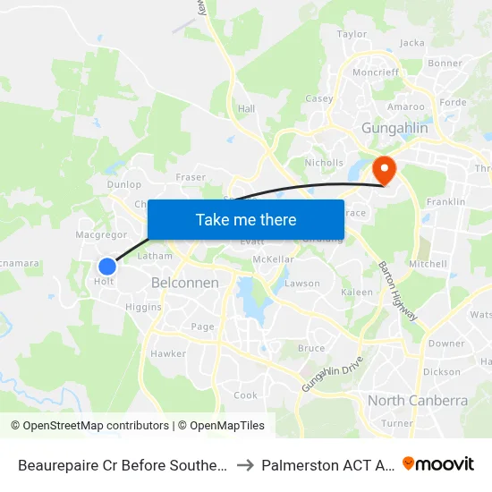 Beaurepaire Cr Before Southern Cross Dr to Palmerston ACT Australia map