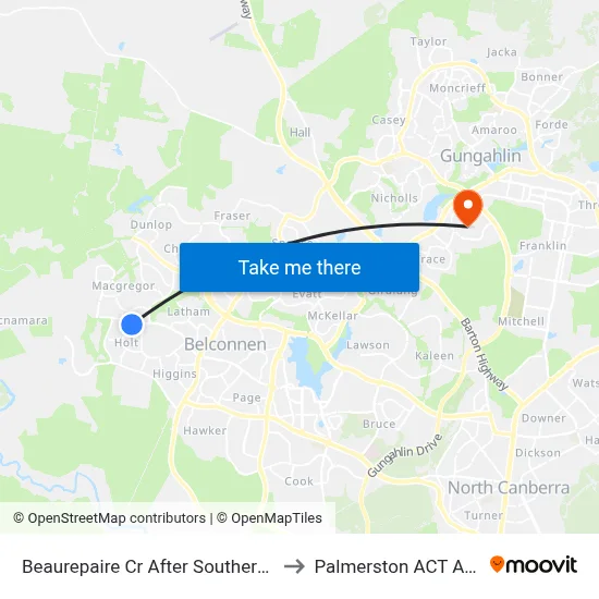 Beaurepaire Cr After Southern Cross Dr to Palmerston ACT Australia map