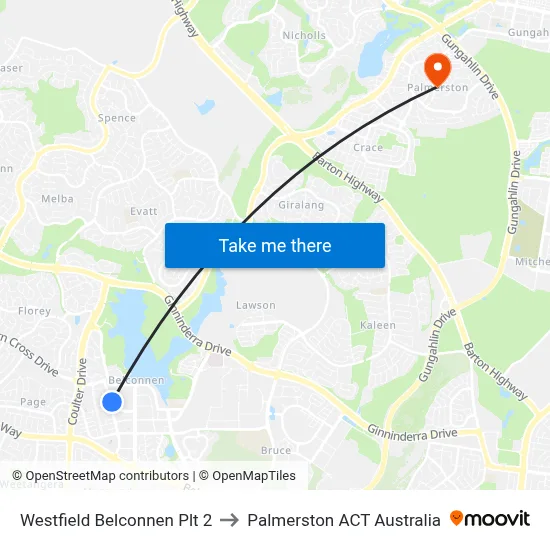 Westfield Belconnen Plt 2 to Palmerston ACT Australia map