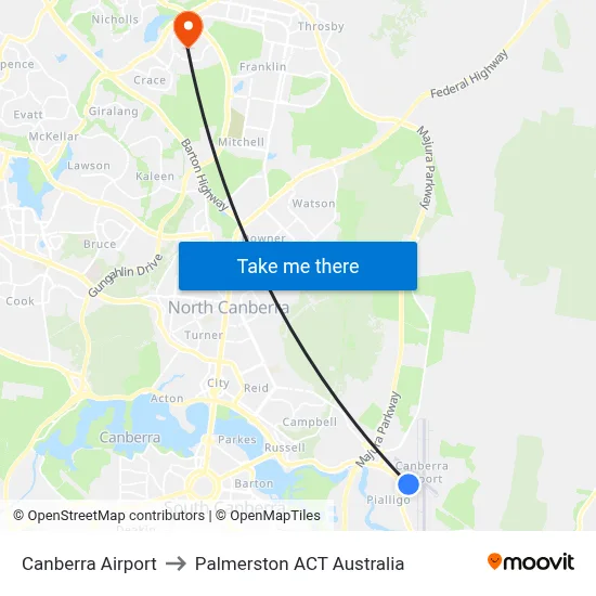 Canberra Airport to Palmerston ACT Australia map