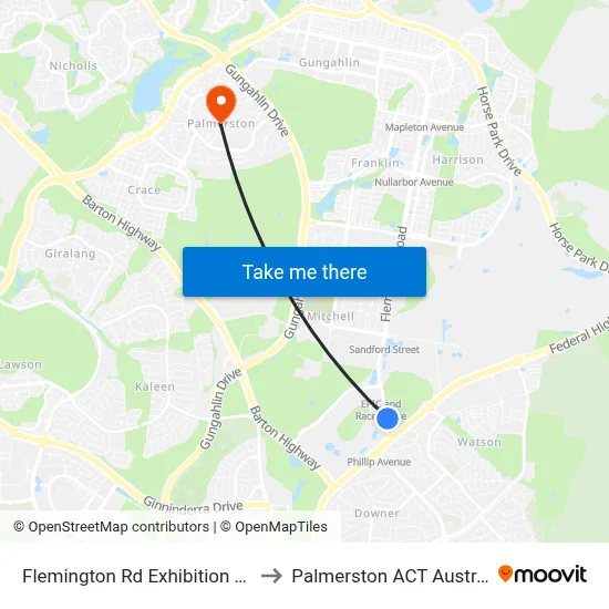 Flemington Rd Exhibition Park to Palmerston ACT Australia map