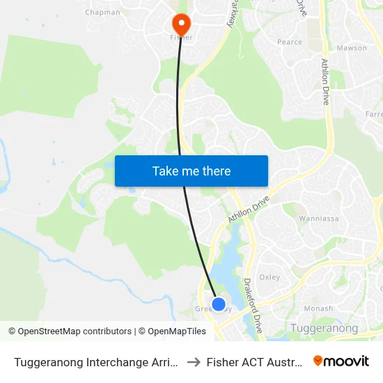 Tuggeranong Interchange Arrivals to Fisher ACT Australia map