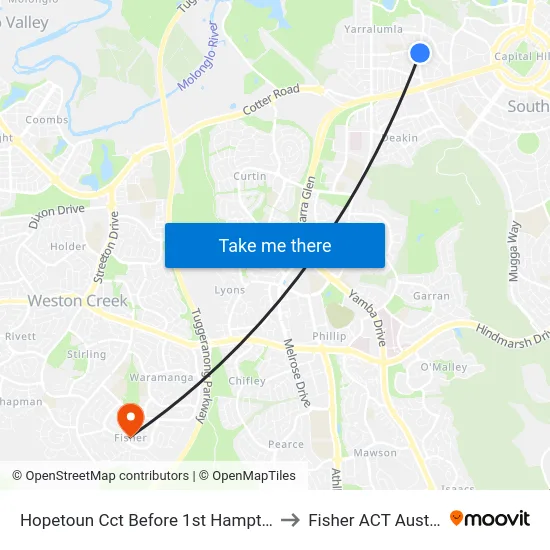 Hopetoun Cct Before 1st Hampton Cct to Fisher ACT Australia map