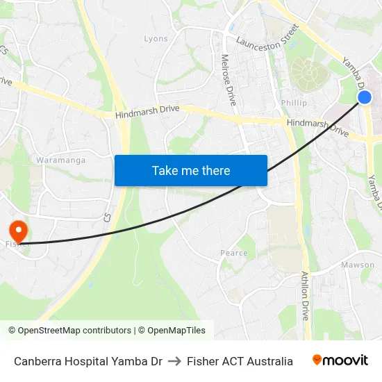 Canberra Hospital Yamba Dr to Fisher ACT Australia map