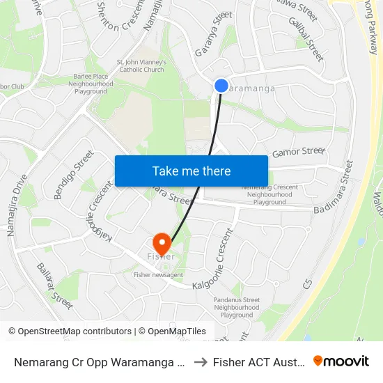 Nemarang Cr Opp Waramanga Shops to Fisher ACT Australia map