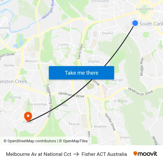 Melbourne Av at National Cct to Fisher ACT Australia map