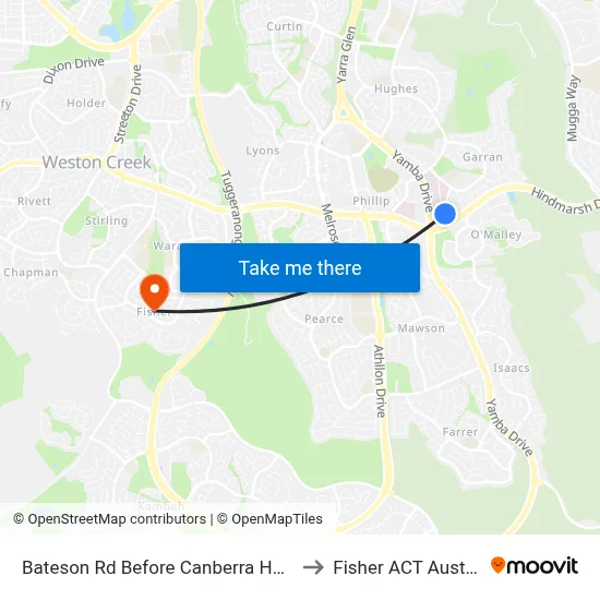 Bateson Rd Before Canberra Hospital to Fisher ACT Australia map