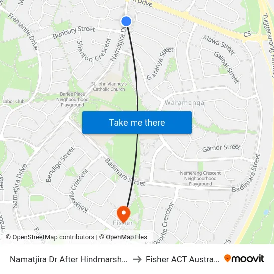 Namatjira Dr After Hindmarsh Dr to Fisher ACT Australia map