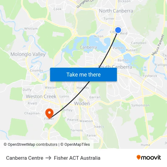 Canberra Centre to Fisher ACT Australia map