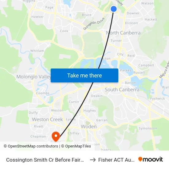 Cossington Smith Cr Before Fairweather Cct to Fisher ACT Australia map