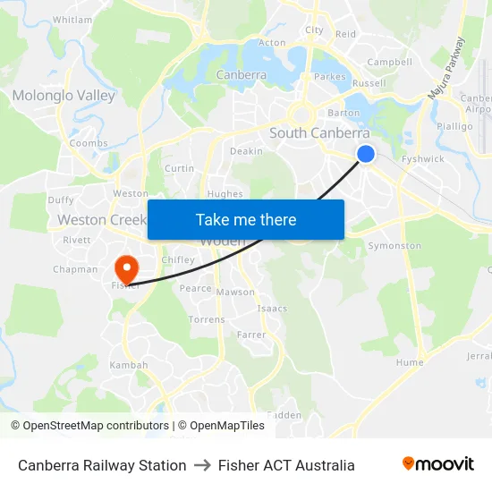 Canberra Railway Station to Fisher ACT Australia map