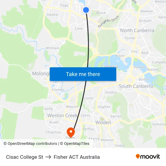 Cisac College St to Fisher ACT Australia map