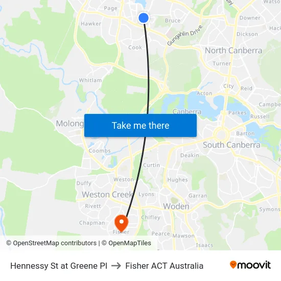 Hennessy St at Greene Pl to Fisher ACT Australia map