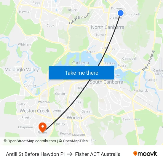 Antill St Before Hawdon Pl to Fisher ACT Australia map