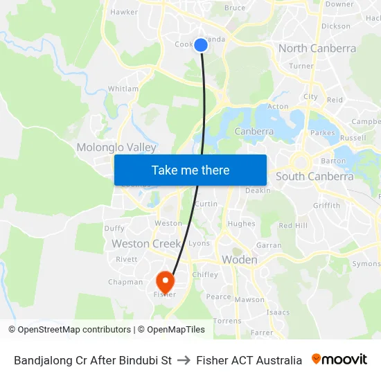 Bandjalong Cr After Bindubi St to Fisher ACT Australia map