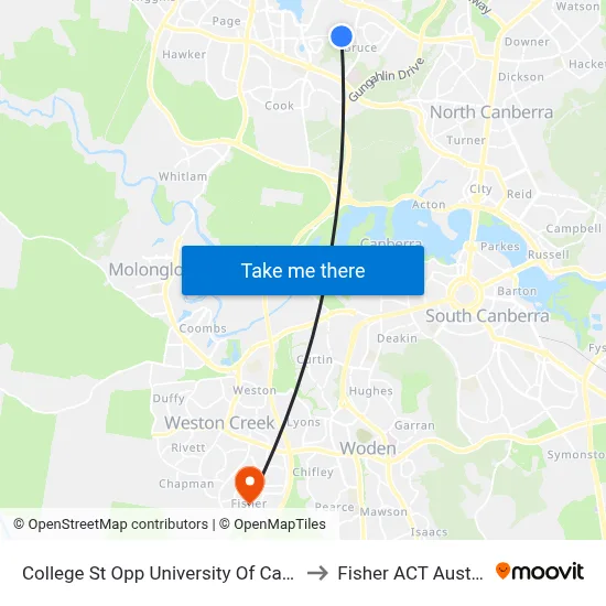 College St Opp University Of Canberra to Fisher ACT Australia map