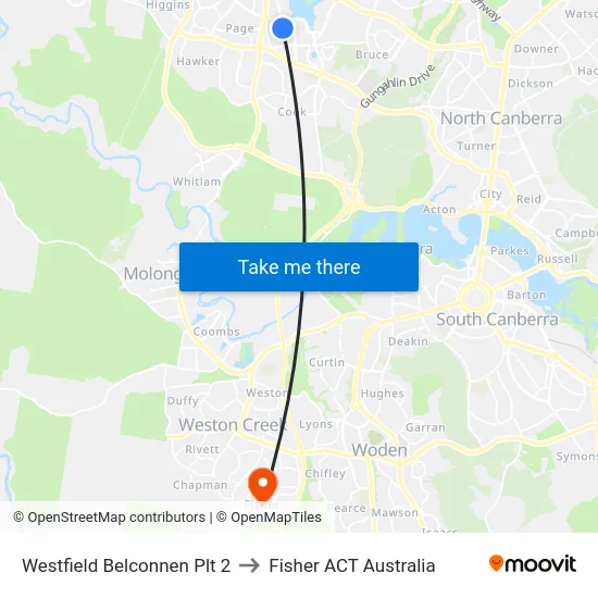 Westfield Belconnen Plt 2 to Fisher ACT Australia map