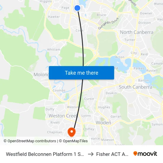 Westfield Belconnen Platform 1 Set Down Only to Fisher ACT Australia map