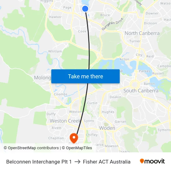 Belconnen Interchange Plt 1 to Fisher ACT Australia map