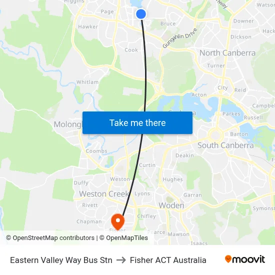 Eastern Valley Way Bus Stn to Fisher ACT Australia map