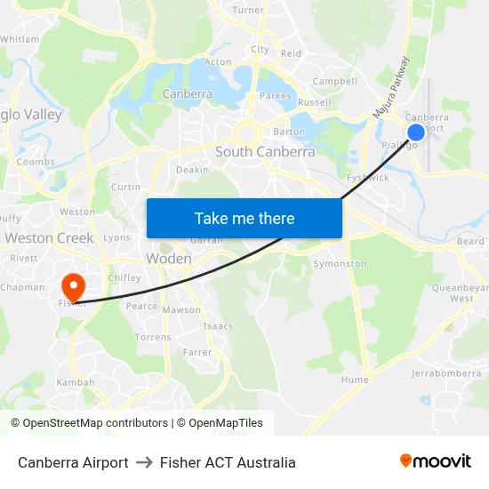 Canberra Airport to Fisher ACT Australia map
