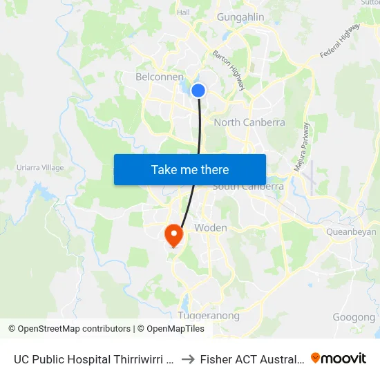 UC Public Hospital Thirriwirri St to Fisher ACT Australia map
