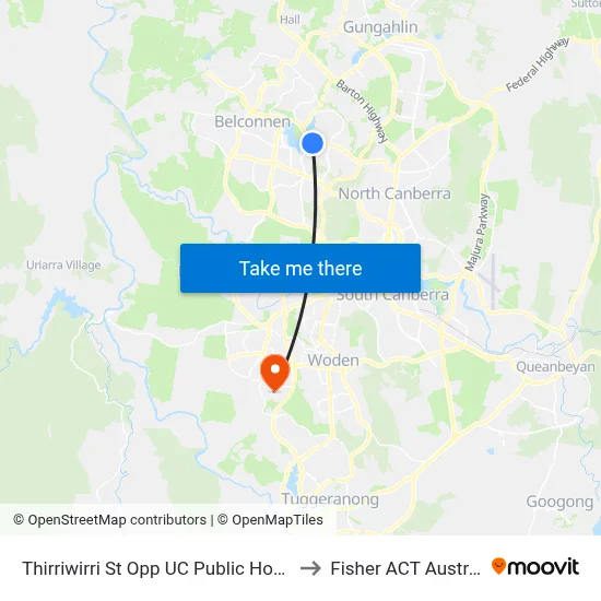 Thirriwirri St Opp UC Public Hospital to Fisher ACT Australia map