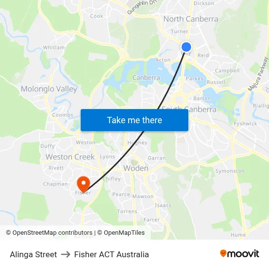 Alinga Street to Fisher ACT Australia map