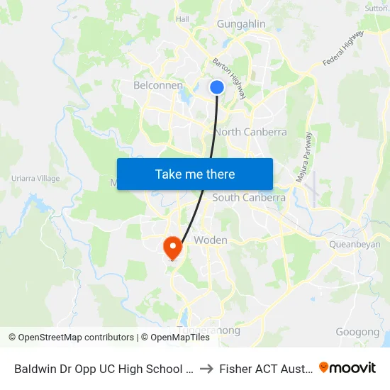 Baldwin Dr Opp UC High School Kaleen to Fisher ACT Australia map