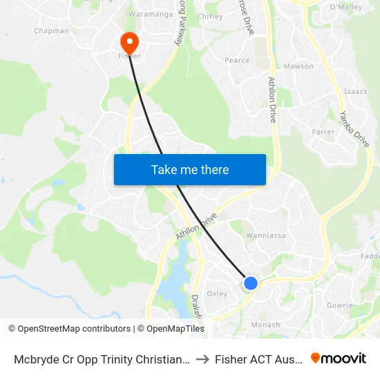Mcbryde Cr Opp Trinity Christian School to Fisher ACT Australia map
