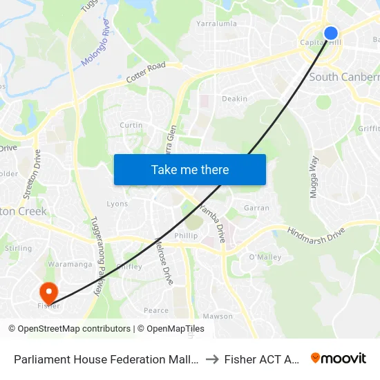 Parliament House Federation Mall Southbound to Fisher ACT Australia map