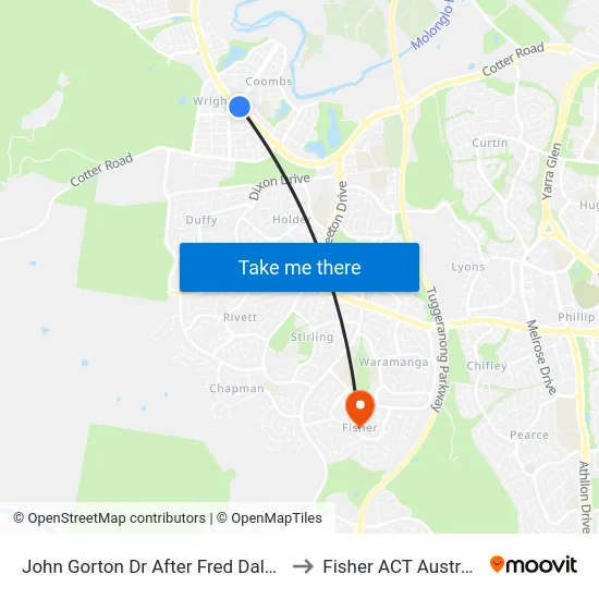 John Gorton Dr After Fred Daly Av to Fisher ACT Australia map