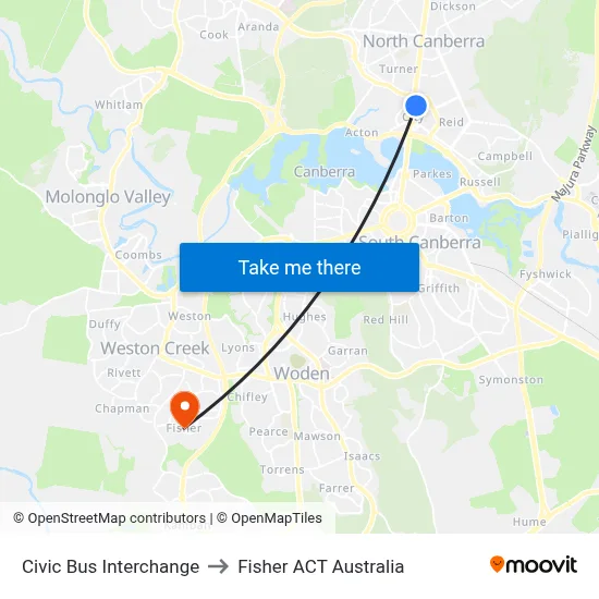 Civic Bus Interchange to Fisher ACT Australia map