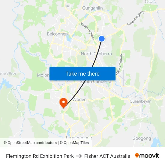 Flemington Rd Exhibition Park to Fisher ACT Australia map