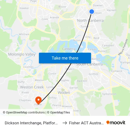 Dickson Interchange, Platform 2 to Fisher ACT Australia map