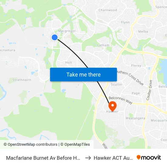 Macfarlane Burnet Av Before Hollows Cct to Hawker ACT Australia map