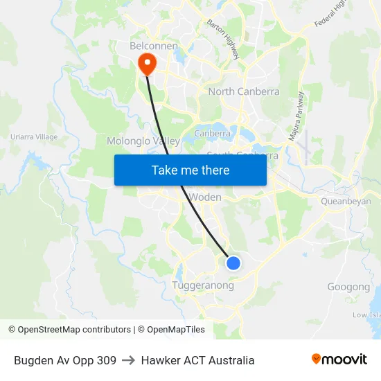 Bugden Av Opp 309 to Hawker ACT Australia map