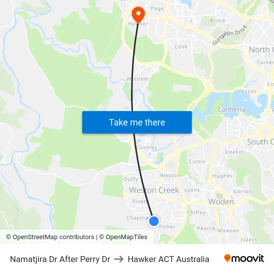 Namatjira Dr After Perry Dr to Hawker ACT Australia map