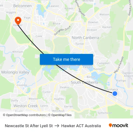 Newcastle St After Lyell St to Hawker ACT Australia map
