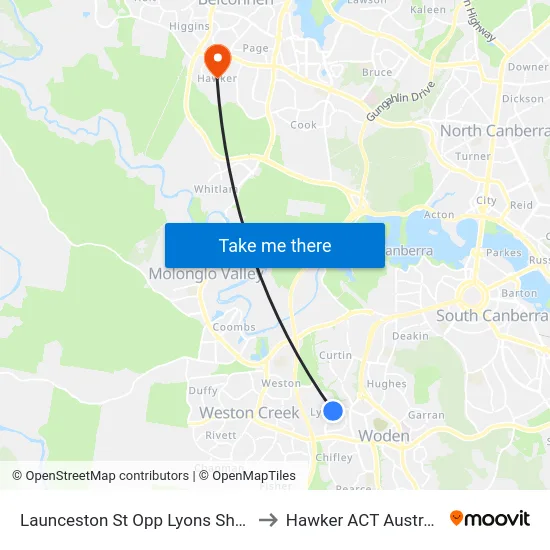 Launceston St Opp Lyons Shops to Hawker ACT Australia map